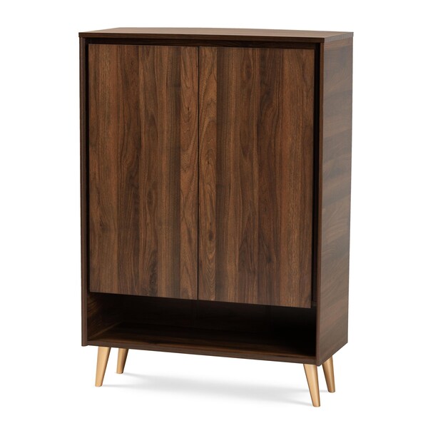 Baxton Studio Landen Mid-Century Modern Walnut Brown and Gold Finished Wood 2-Door Entryway Shoe storage Cabinet 174-10958-Zoro - main
